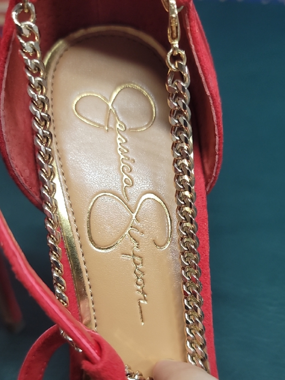 Red Suede Pointed-Toe Ankle-Strap Heels with Gold Chain - Picture 4 of 4